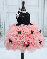 Black & Light Peach Net Umbrella Gown with Floral and Halter Neck for Girls