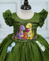 Cotton Satin Layered Ruffle Cap Sleeve Animal/Bird-Themed Knee-Length Gown - Pesto Punch (New)