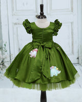 Cotton Satin Layered Ruffle Cap Sleeve Animal/Bird-Themed Knee-Length Gown - Pesto Punch (New)
