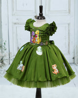 Cotton Satin Layered Ruffle Cap Sleeve Animal/Bird-Themed Knee-Length Gown - Pesto Punch (New)