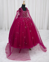 Net Cap Sleeve 3D Floral Applique Full-Length Gown for Girl in Wine Red & Vintage Wine(New)(Bestseller)