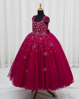 Net Cap Sleeve 3D Floral Applique Full-Length Gown for Girl in Wine Red & Vintage Wine(New)(Bestseller)