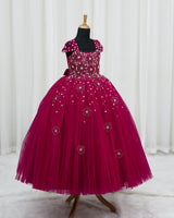 Net Cap Sleeve 3D Floral Applique Full-Length Gown for Girl in Wine Red & Vintage Wine(New)(Bestseller)