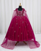 Net Cap Sleeve 3D Floral Applique Full-Length Gown for Girl in Wine Red & Vintage Wine(New)(Bestseller)
