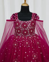 Net Cap Sleeve 3D Floral Applique Full-Length Gown for Girl in Wine Red & Vintage Wine(New)(Bestseller)
