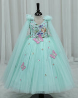 Net Sleeveless Floral Appliqué Butterfly Full-Length Gown for Girl in Light Aqua Blue (New)
