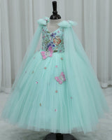 Net Sleeveless Floral Appliqué Butterfly Full-Length Gown for Girl in Light Aqua Blue (New)