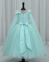 Net Sleeveless Floral Appliqué Butterfly Full-Length Gown for Girl in Light Aqua Blue (New)