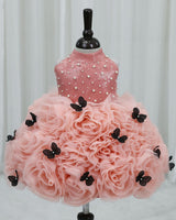 Dark Dusty Peach & Coral Blush Net Umbrella Gown with Floral and Halter Neck for Girls (New)