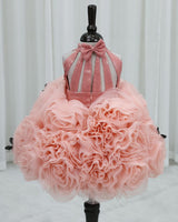 Dark Dusty Peach & Coral Blush Net Umbrella Gown with Floral and Halter Neck for Girls (New)