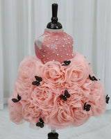 Dark Dusty Peach & Coral Blush Net Umbrella Gown with Floral and Halter Neck for Girls (New)