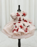Organza Puff Sleeve floral and Fashion Patches Calf-Length Gown for Baby Girl in Coral Peach (New)
