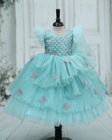 Pleated Organza Frill Sleeve butterfly Patches Full Length-Gown for Baby Girls in Baby Blue (New)