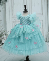 Pleated Organza Frill Sleeve butterfly Patches Full Length-Gown for Baby Girls in Baby Blue (New)