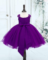 Net Cap Sleeve 3D Floral Appliqué Full-Length Gown for Girl in Dark Purple(New)(Bestseller)
