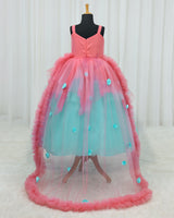 Net Sleeveless Asymmetrical Layered Floral Full Length Gown - Peach & Blue(New)