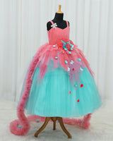 Net Sleeveless Asymmetrical Layered Floral Full Length Gown - Peach & Blue(New)