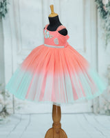 Net Cap Sleeve Aari & 3D Butterfly Floral Full Length Gown - Flamingo Pink & Sea Green(New)