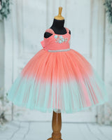 Net Cap Sleeve Aari & 3D Butterfly Floral Full Length Gown - Flamingo Pink & Sea Green(New)
