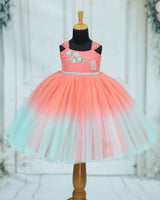 Net Cap Sleeve Aari & 3D Butterfly Floral Full Length Gown - Flamingo Pink & Sea Green(New)