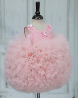 Net Sleeveless Ball Gown Floral Knee Length Frock - Pastel Pink(New)