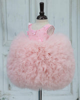 Net Sleeveless Ball Gown Floral Knee Length Frock - Pastel Pink(New)