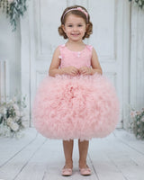 Net Sleeveless Ball Gown Floral Knee Length Frock - Pastel Pink(New)