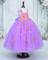 Net Cap Sleeve 3D Hand Crafted Flower Appliques Floral Full Gown - Lavender(New)(Bestseller)