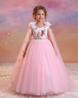 Net Sleeveless Fairy Full Length Gown with Detachable Sleeve Trail & Back Bow - Pink & White (New)
