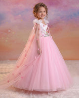 Net Sleeveless Fairy Full Length Gown with Detachable Sleeve Trail & Back Bow - Pink & White (New)