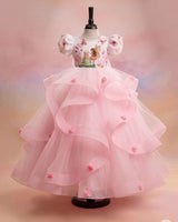 Net Puff Sleeve Twirl-layered Fairy Full Length Gown - Pink & White(New)
