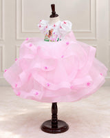Net Puff Sleeve Fairy Twirl-Layered Full-Length Gown for Baby Girl in Pink & White(New)
