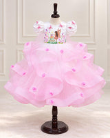 Net Puff Sleeve Fairy Twirl-Layered Full-Length Gown for Baby Girl in Pink & White(New)