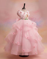 Net Puff Sleeve Twirl-layered Fairy Full Length Gown - Pink & White(New)