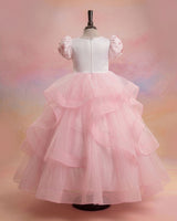 Net Puff Sleeve Twirl-layered Fairy Full Length Gown - Pink & White(New)