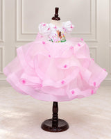 Net Puff Sleeve Fairy Twirl-Layered Full-Length Gown for Baby Girl in Pink & White(New)