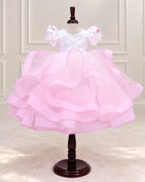 Net Puff Sleeve Fairy Twirl-Layered Full-Length Gown for Baby Girl in Pink & White(New)