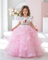 Net Puff Sleeve Twirl-layered Fairy Full Length Gown - Pink & White(New)