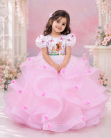 Net Puff Sleeve Fairy Twirl-Layered Full-Length Gown for Baby Girl in Pink & White(New)