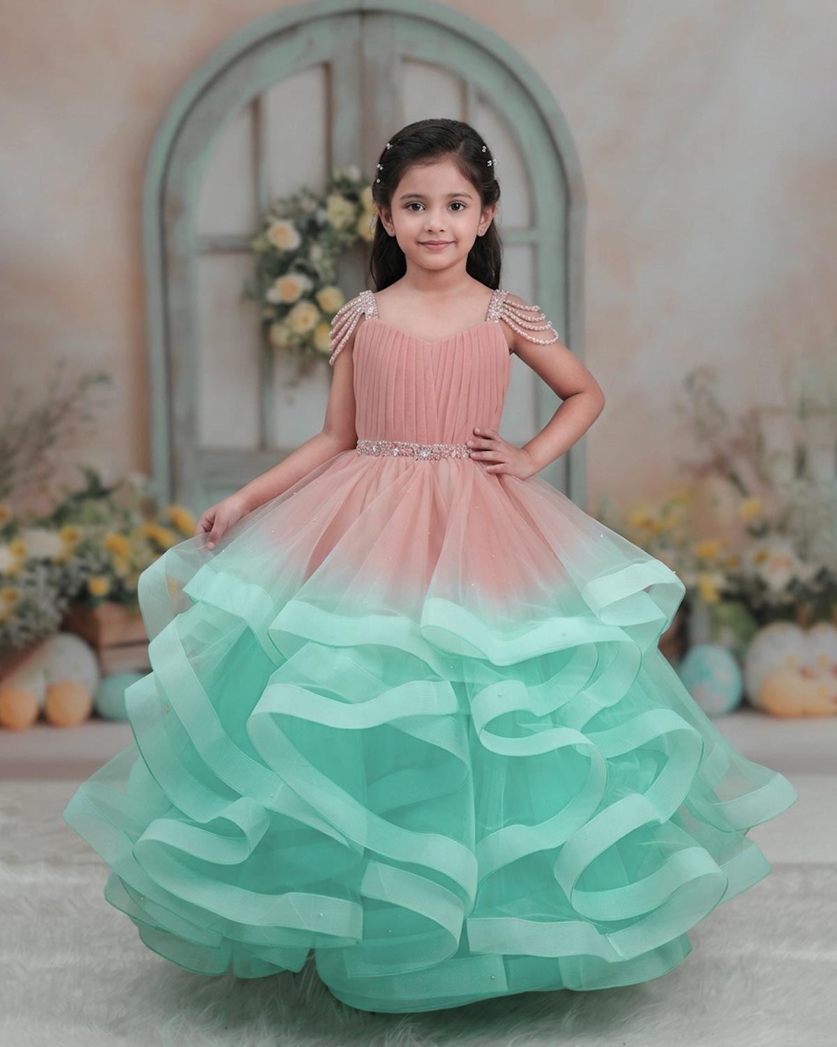 Net Sleeveless Twirl Layered Princess Full Length Gown - Peach & Blue(   www.liandli.in