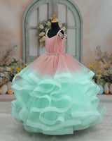 Net Sleeveless Twirl Layered Princess Full Length Gown - Peach & Blue(New)