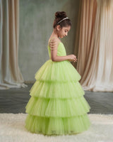 Net Sleeveless Beaded-Shoulder Layered Princess Full-Length Gown - Neon Green(New)