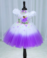 Net Puff Embroidery Leaf & Flower Fairy Calf-Length Frock - White & Lavender(New)