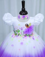 Net Puff Embroidery Leaf & Flower Fairy Calf-Length Frock - White & Lavender(New)