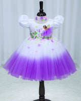 Net Puff Embroidery Leaf & Flower Fairy Calf-Length Frock - White & Lavender(New)