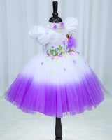 Net Puff Embroidery Leaf & Flower Fairy Calf-Length Frock - White & Lavender(New)