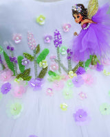 Net Puff Embroidery Leaf & Flower Fairy Calf-Length Frock - White & Lavender(New)