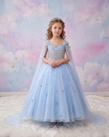 Organza Cap Sleeve Detachable Back Trail Snow Theme Full Length Gown - Blue(New)