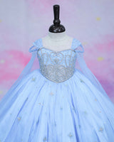 Organza Cap Sleeve Detachable Back Trail Snow Theme Full Length Gown - Blue(New)