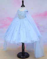 Organza Cap Sleeve Detachable Back Trail Snow Theme Full Length Gown - Blue(New)